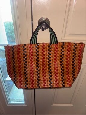 Clare V Woven Straw Tote Bag with Striped Handles - Brown Red Black